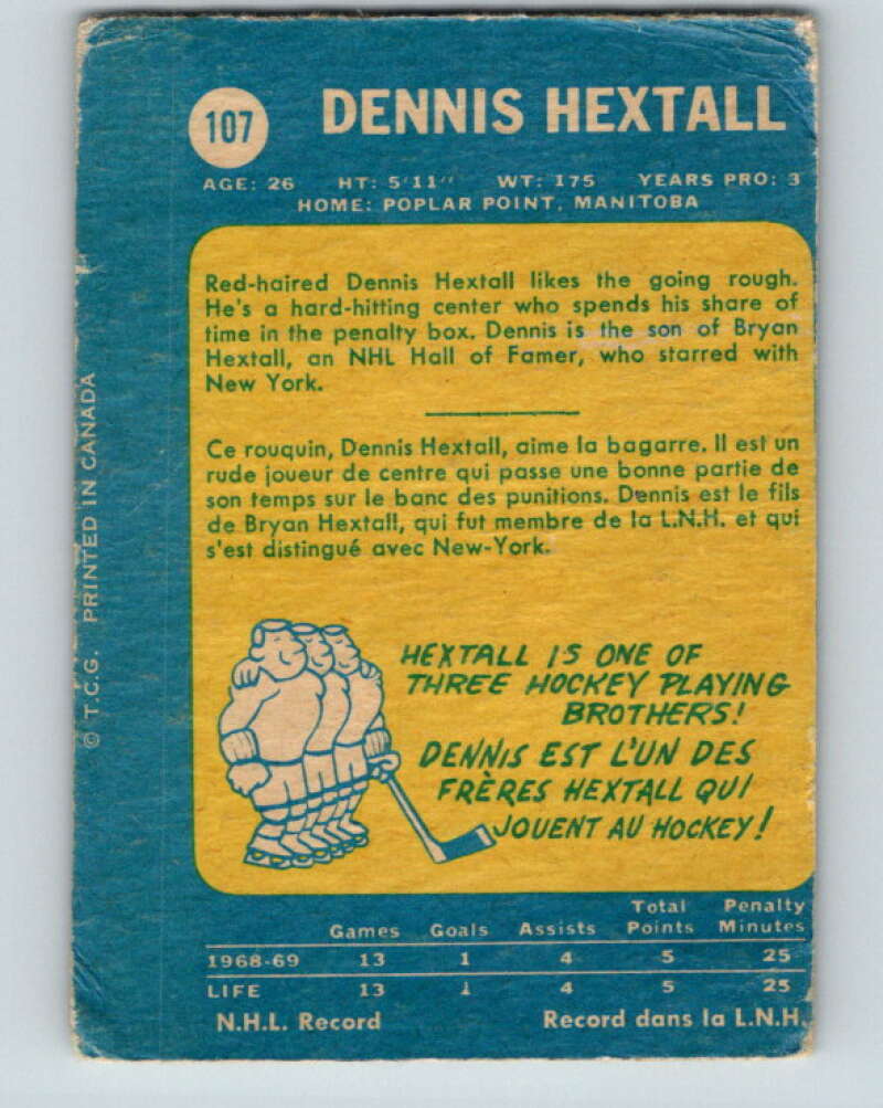 1969-70 O-Pee-Chee #107 Dennis Hextall RC Rookie Los Angeles Kings V1442