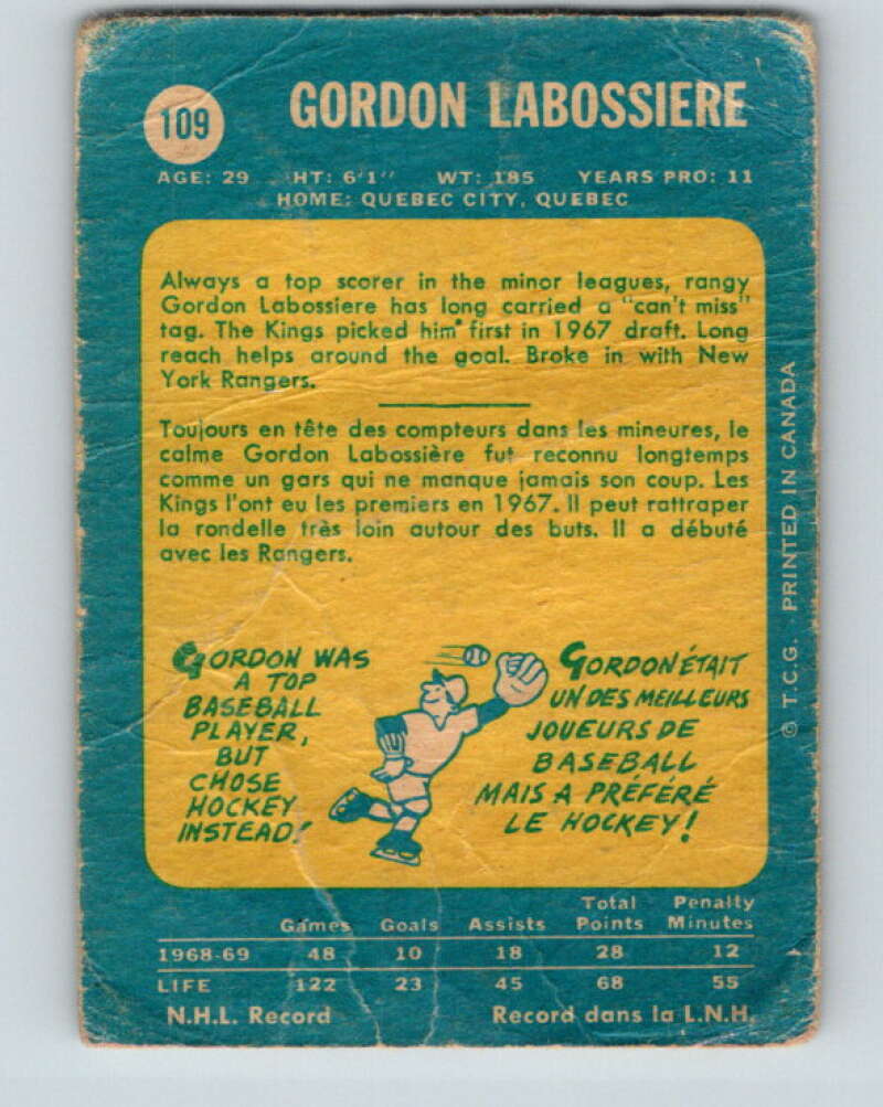 1969-70 O-Pee-Chee #109 Gord Labossiere Los Angeles Kings V1448