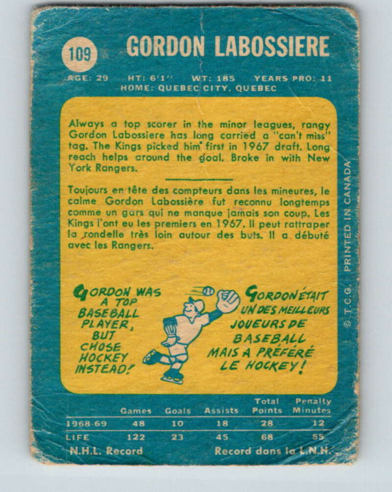 1969-70 O-Pee-Chee #109 Gord Labossiere Los Angeles Kings V1449