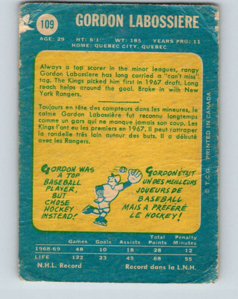 1969-70 O-Pee-Chee #109 Gord Labossiere Los Angeles Kings V1450