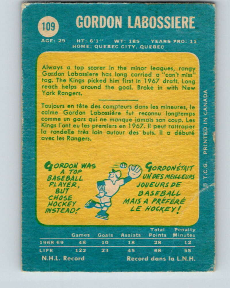 1969-70 O-Pee-Chee #109 Gord Labossiere Los Angeles Kings V1451