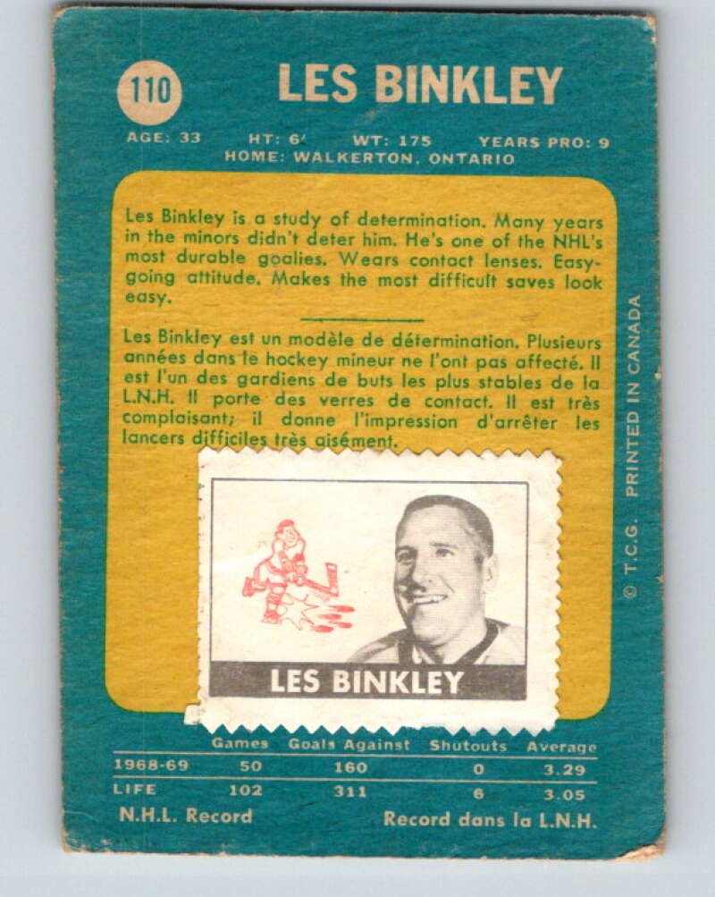 1969-70 O-Pee-Chee #110 Les Binkley Pittsburgh Penguins V1452