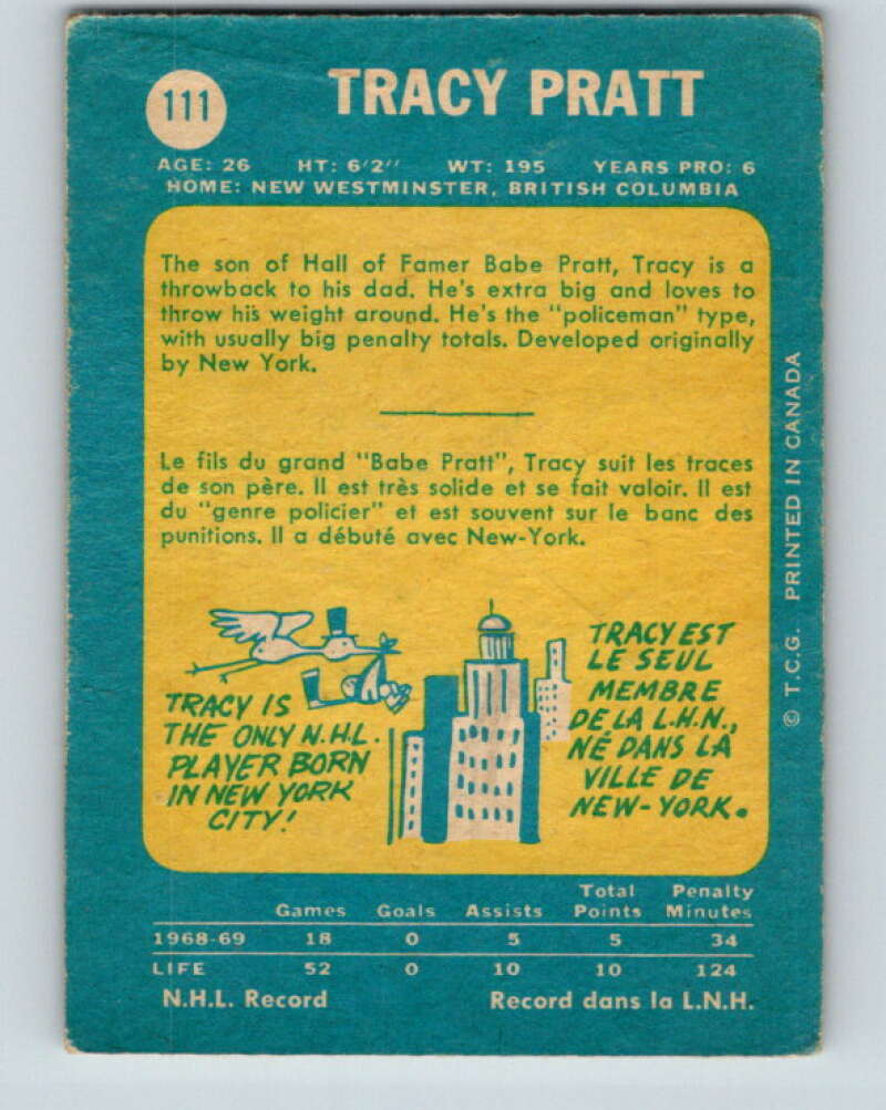 1969-70 O-Pee-Chee #111 Tracy Pratt RC Rookie Pittsburgh Penguins V1453