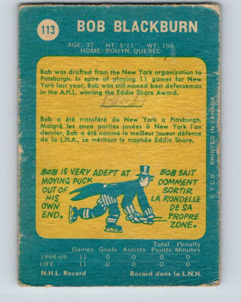 1969-70 O-Pee-Chee #113 Bob Blackburn RC Rookie Pittsburgh Penguins V1456