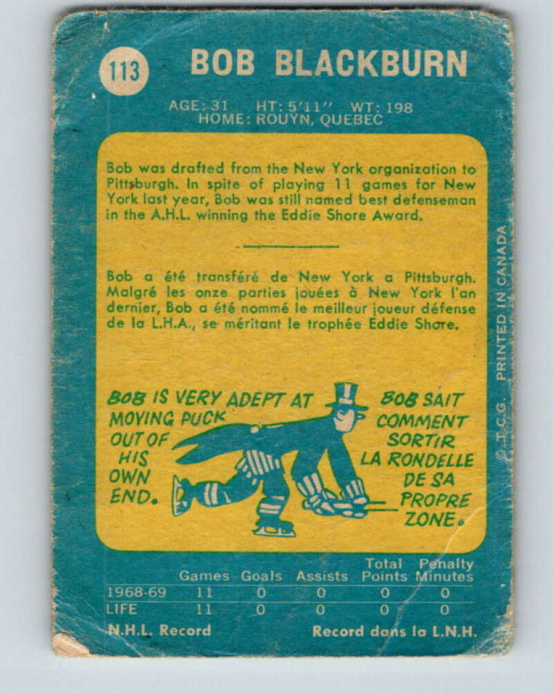 1969-70 O-Pee-Chee #113 Bob Blackburn RC Rookie Pittsburgh Penguins V1457