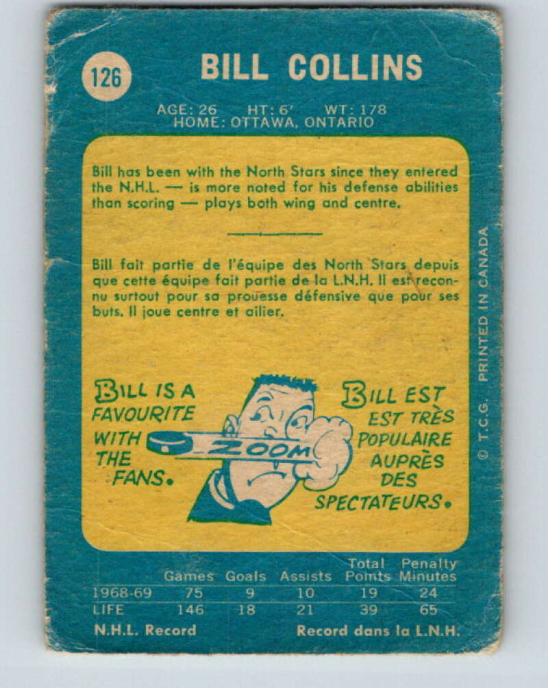 1969-70 O-Pee-Chee #126 Bill Collins RC Rookie Minnesota North Stars V1484