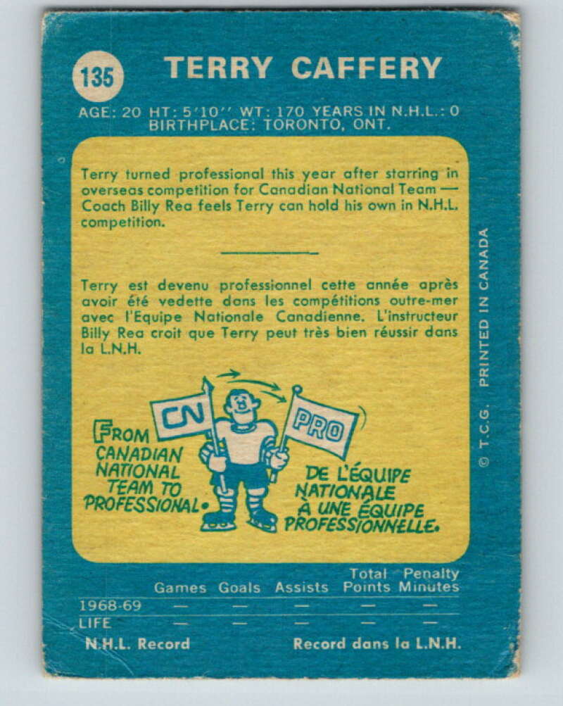 1969-70 O-Pee-Chee #135 Terry Caffery RC Rookie Chicago Blackhawks V1513