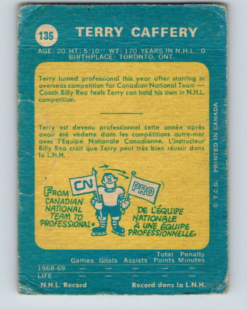 1969-70 O-Pee-Chee #135 Terry Caffery RC Rookie Chicago Blackhawks V1517
