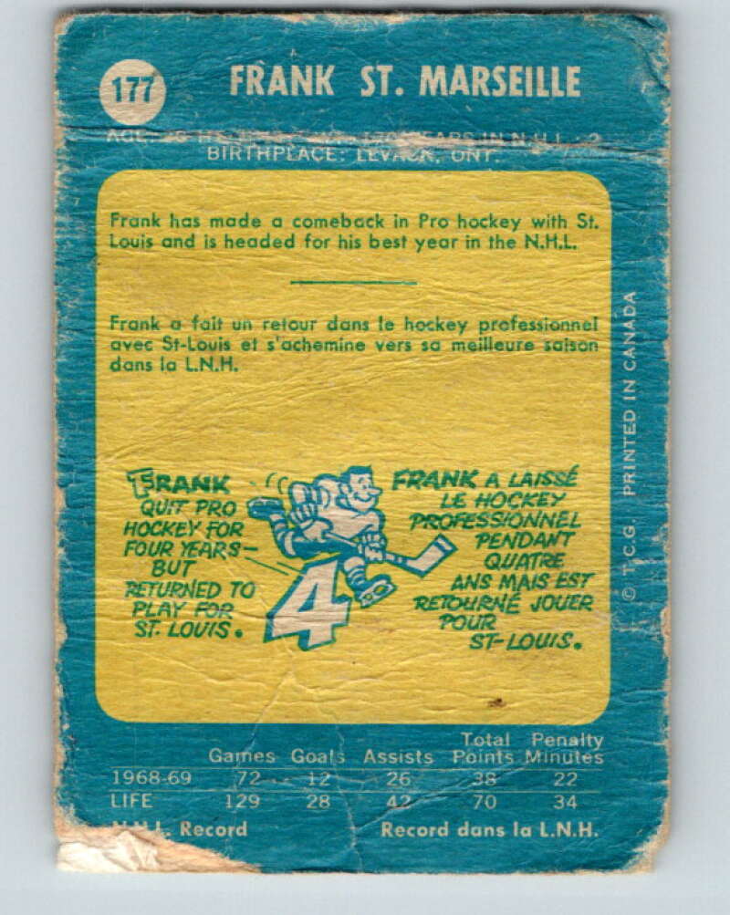 1969-70 O-Pee-Chee #177 Frank St. Marseille RC Rookie St. Louis Blues V1739