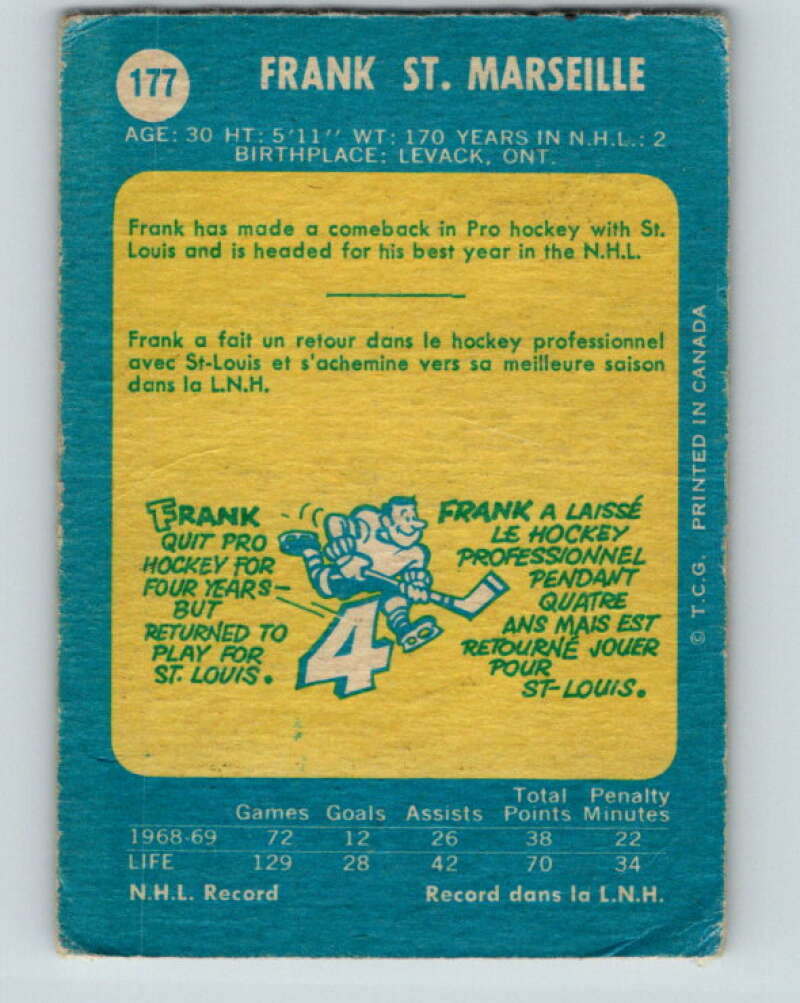 1969-70 O-Pee-Chee #177 Frank St. Marseille RC Rookie St. Louis Blues V1742