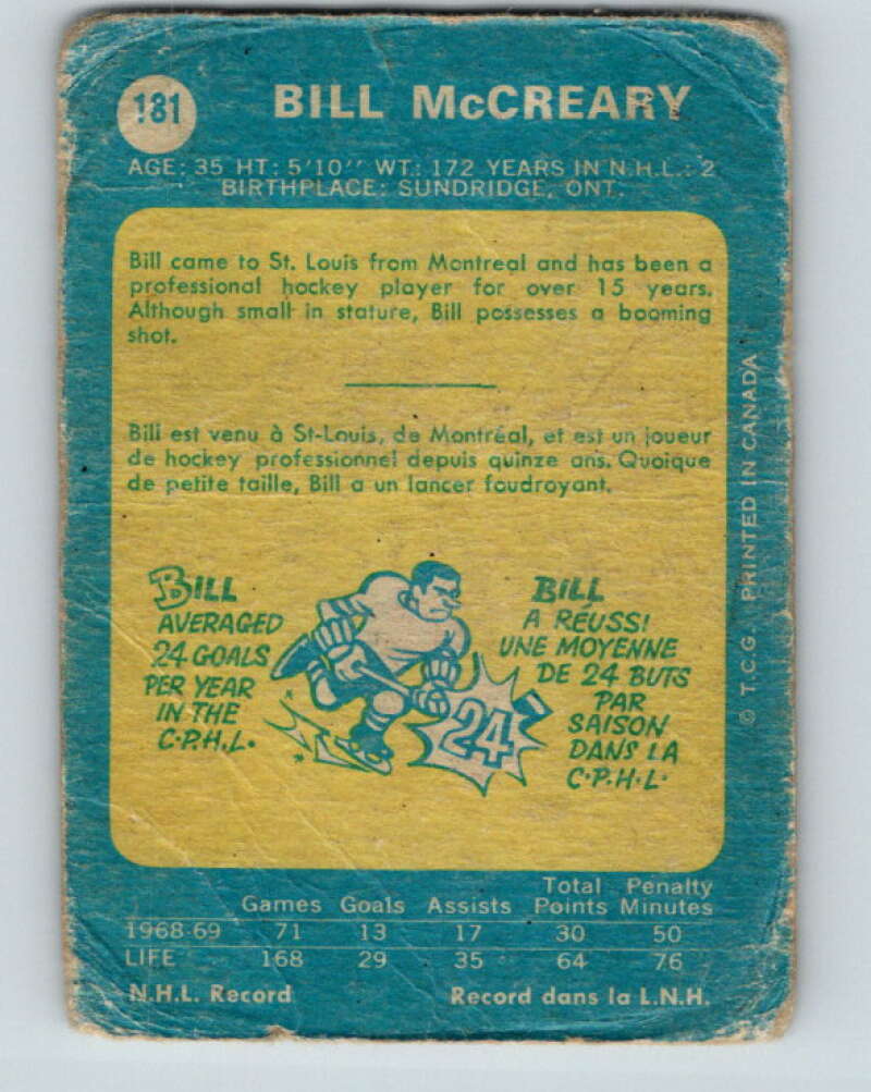 1969-70 O-Pee-Chee #181 Bill McCreary St. Louis Blues V1763