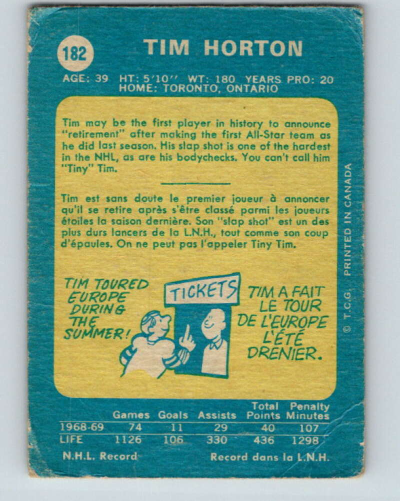 1969-70 O-Pee-Chee #182 Tim Horton Toronto Maple Leafs V1769
