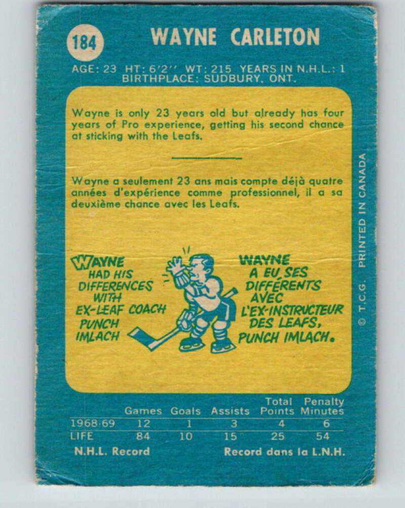 1969-70 O-Pee-Chee #184 Wayne Carleton Toronto Maple Leafs V1776