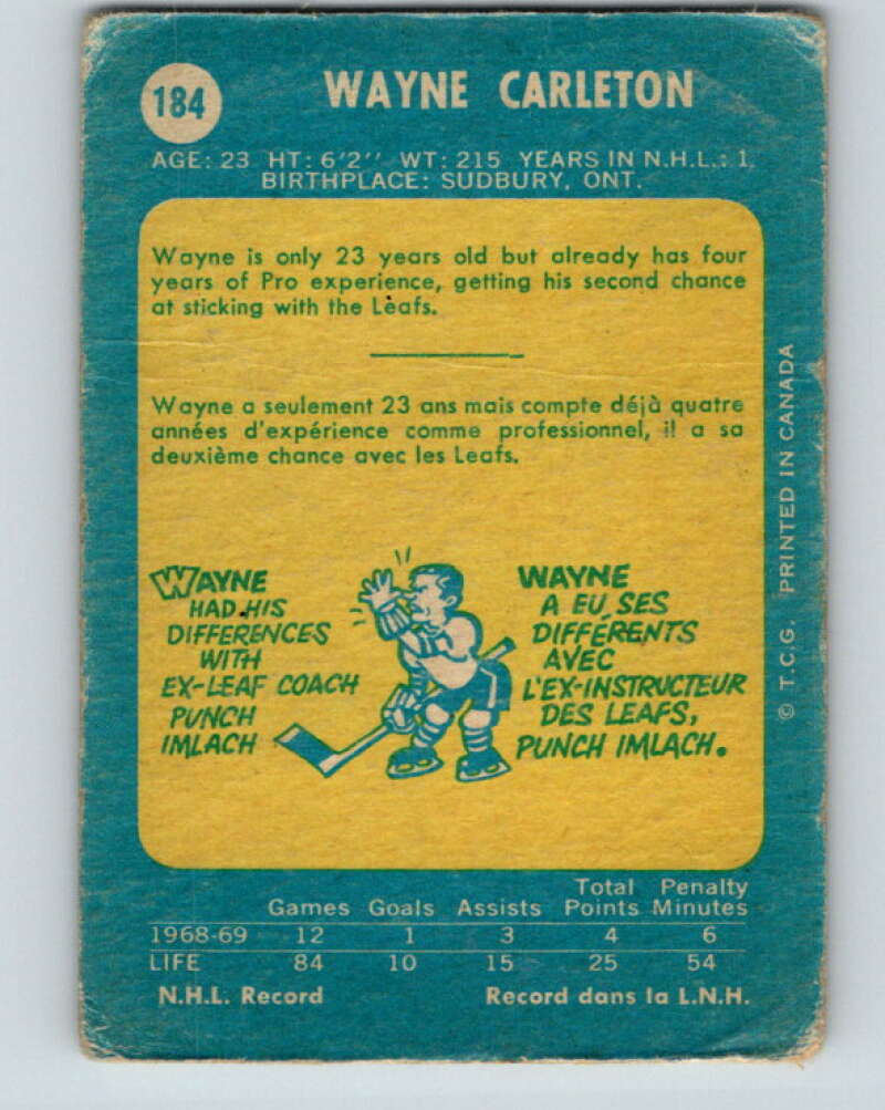 1969-70 O-Pee-Chee #184 Wayne Carleton Toronto Maple Leafs V1780