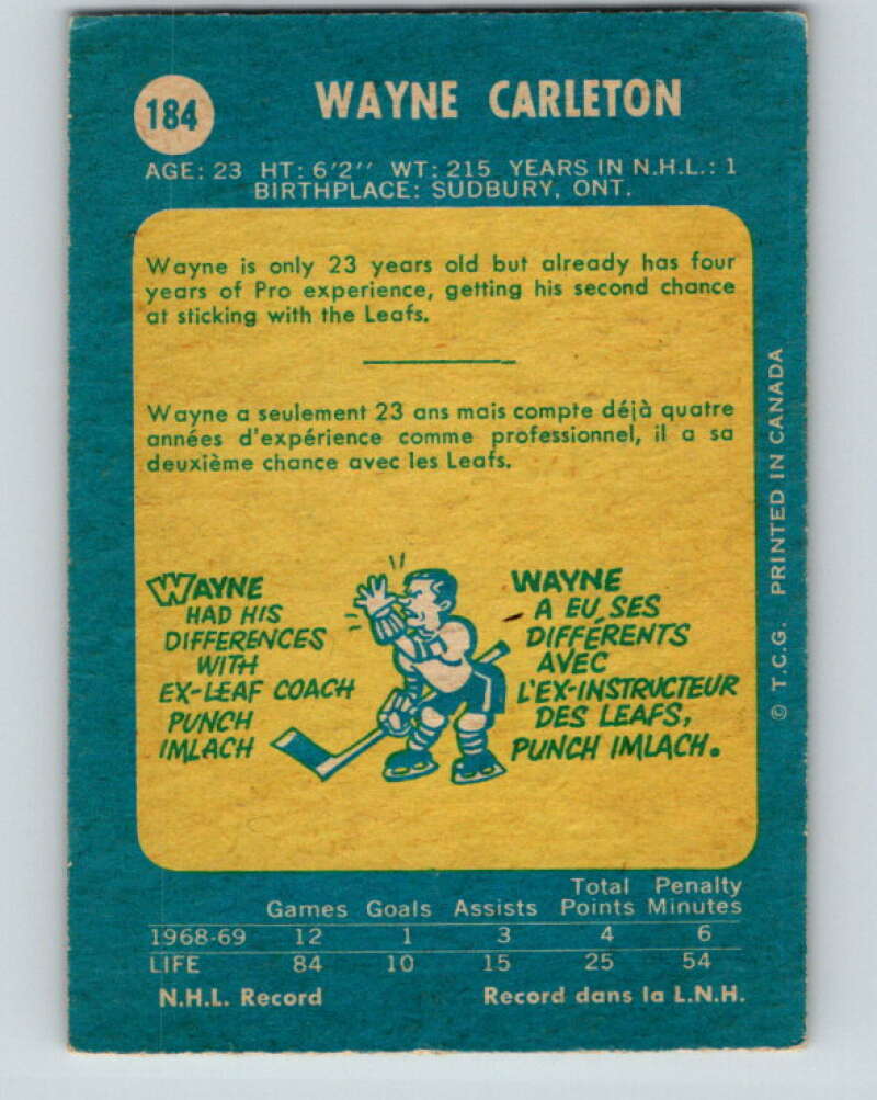 1969-70 O-Pee-Chee #184 Wayne Carleton Toronto Maple Leafs V1781