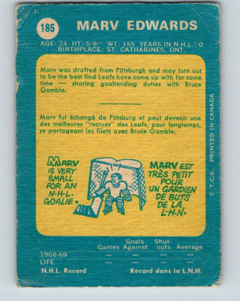 1969-70 O-Pee-Chee #185 Marv Edwards RC Rookie Toronto Maple Leafs V1782