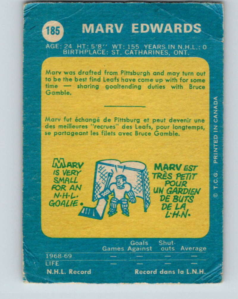 1969-70 O-Pee-Chee #185 Marv Edwards RC Rookie Toronto Maple Leafs V1783