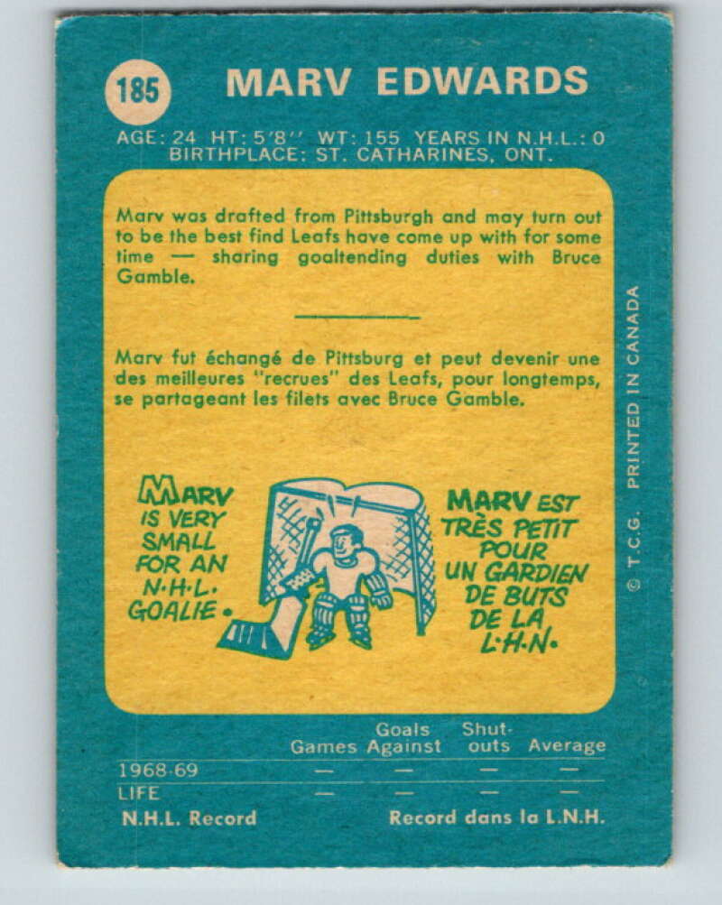 1969-70 O-Pee-Chee #185 Marv Edwards RC Rookie Toronto Maple Leafs V1786