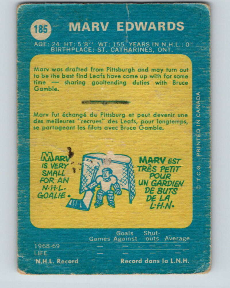 1969-70 O-Pee-Chee #185 Marv Edwards RC Rookie Toronto Maple Leafs V1787