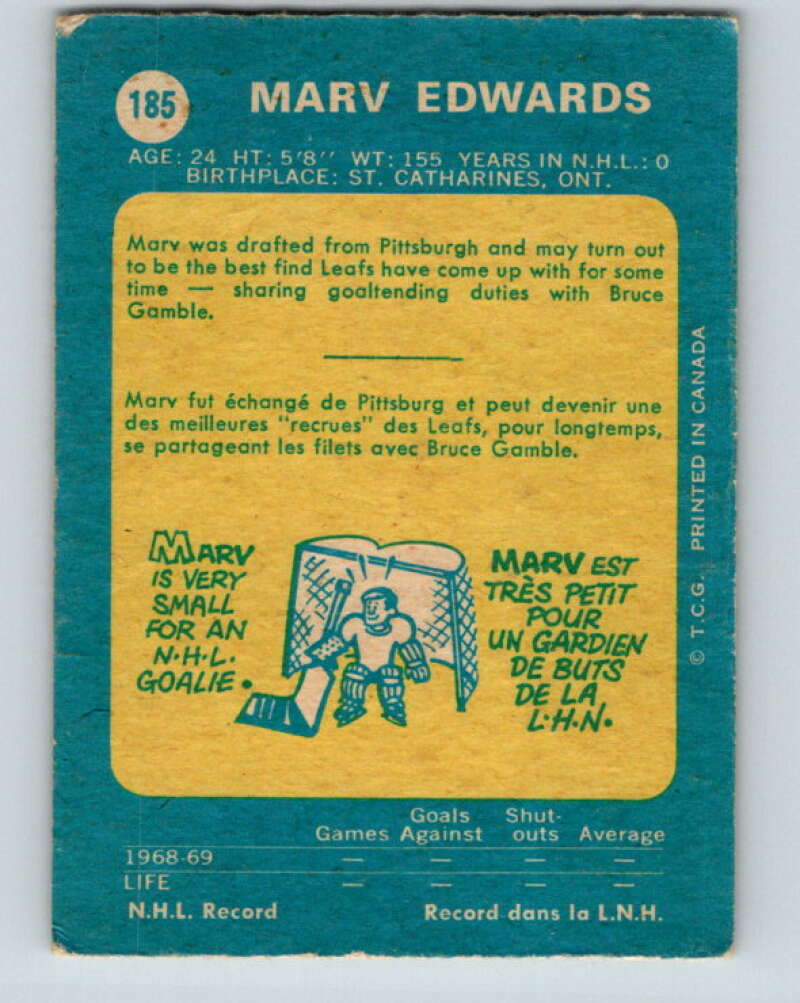 1969-70 O-Pee-Chee #185 Marv Edwards RC Rookie Toronto Maple Leafs V1788