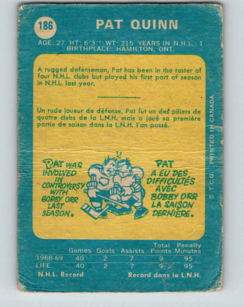 1969-70 O-Pee-Chee #186 Pat Quinn RC Rookie Toronto Maple Leafs V1789