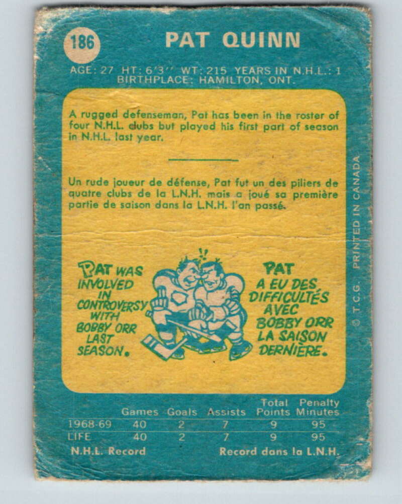 1969-70 O-Pee-Chee #186 Pat Quinn RC Rookie Toronto Maple Leafs V1791