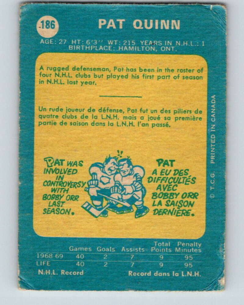 1969-70 O-Pee-Chee #186 Pat Quinn RC Rookie Toronto Maple Leafs V1792