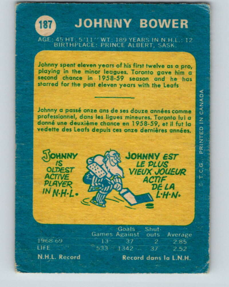 1969-70 O-Pee-Chee #187 Johnny Bower Toronto Maple Leafs V1794
