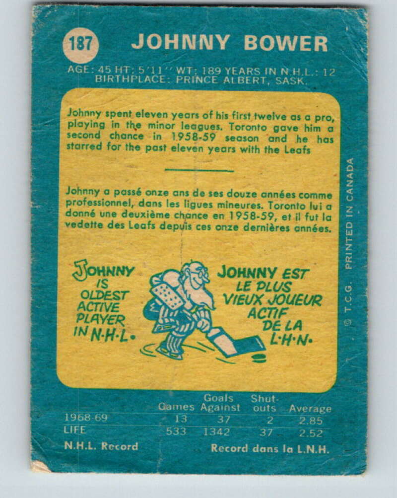 1969-70 O-Pee-Chee #187 Johnny Bower Toronto Maple Leafs V1796