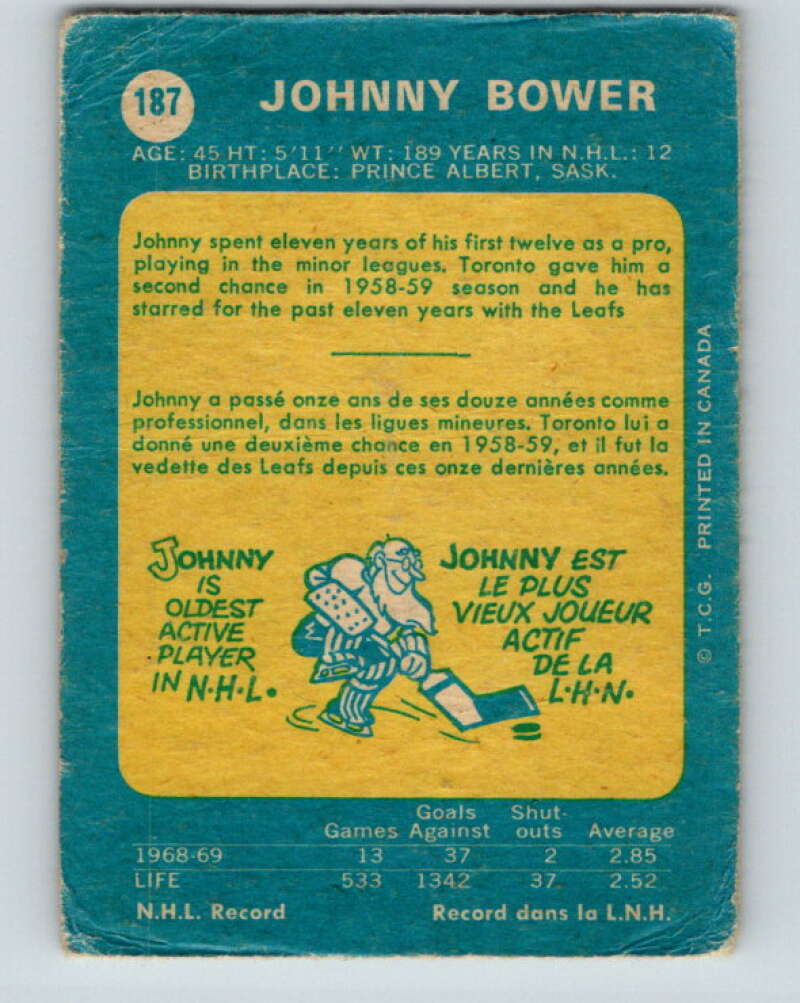 1969-70 O-Pee-Chee #187 Johnny Bower Toronto Maple Leafs V1802