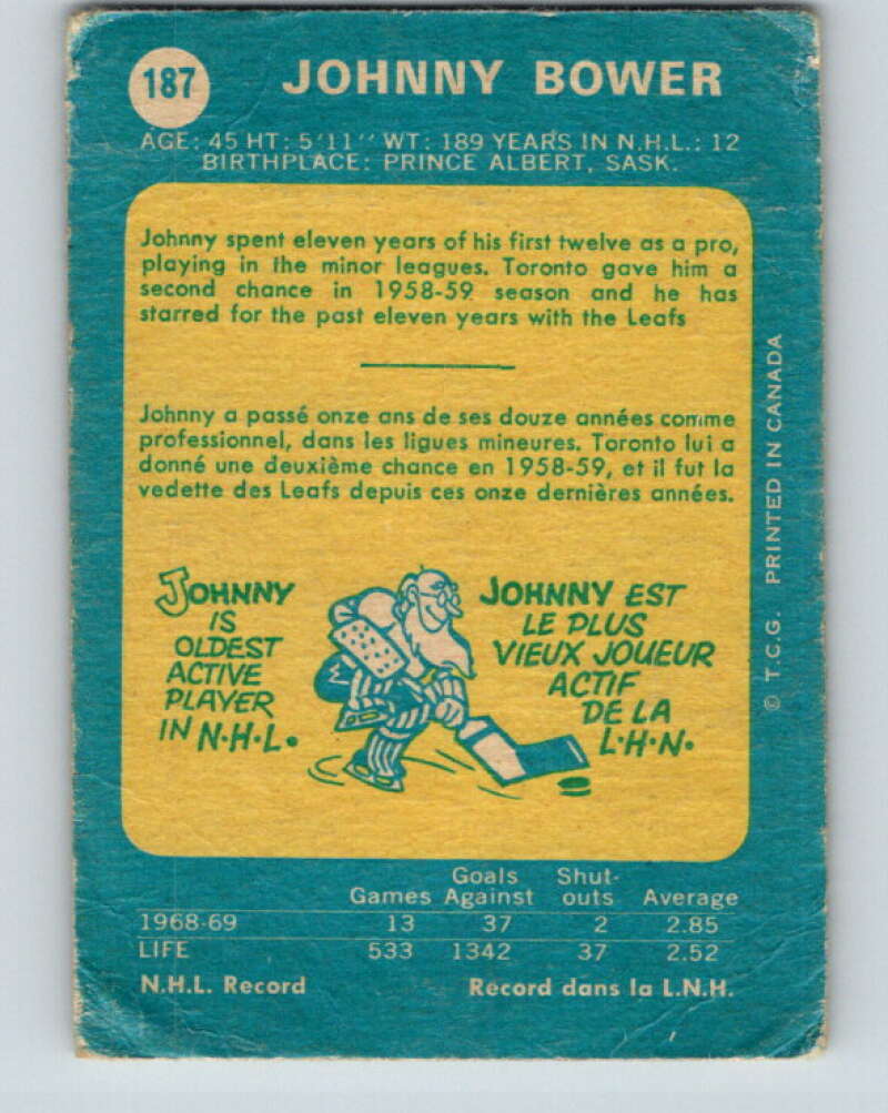 1969-70 O-Pee-Chee #187 Johnny Bower Toronto Maple Leafs V1803