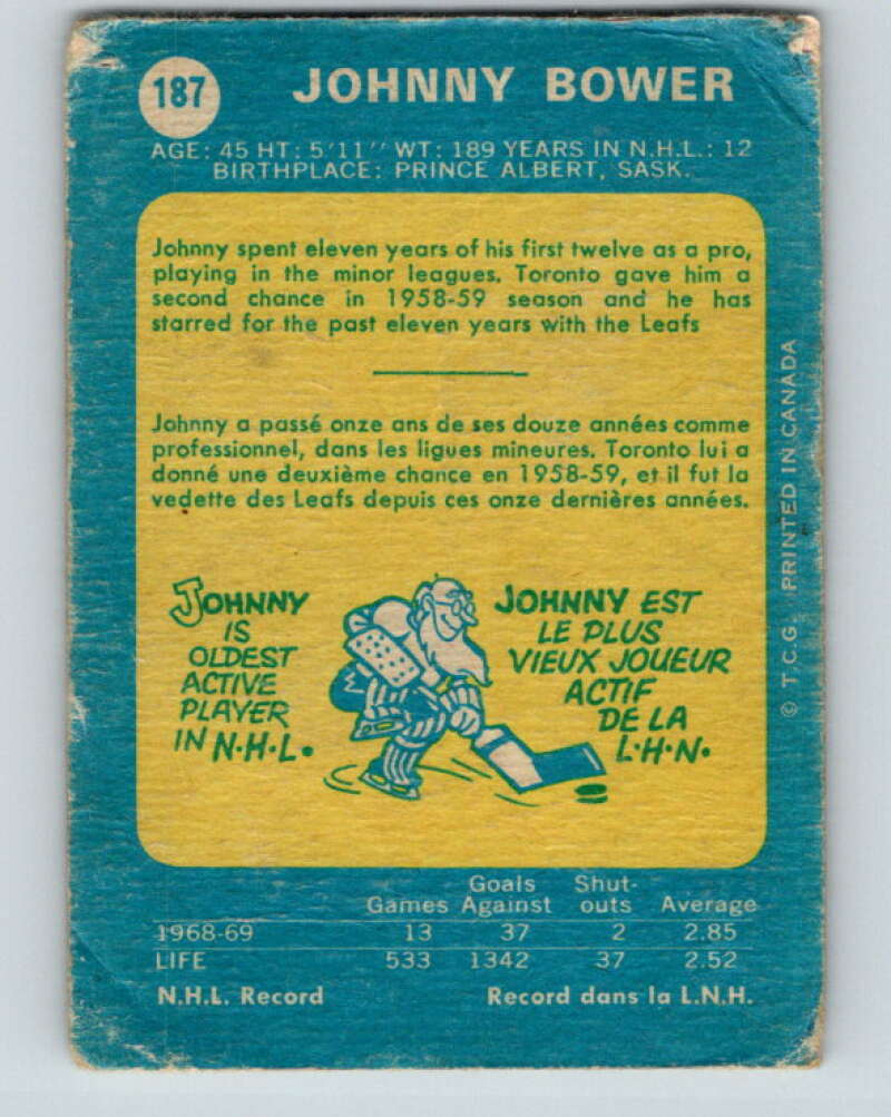1969-70 O-Pee-Chee #187 Johnny Bower Toronto Maple Leafs V1804