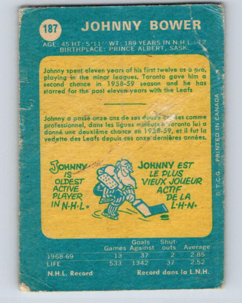 1969-70 O-Pee-Chee #187 Johnny Bower Toronto Maple Leafs V1805