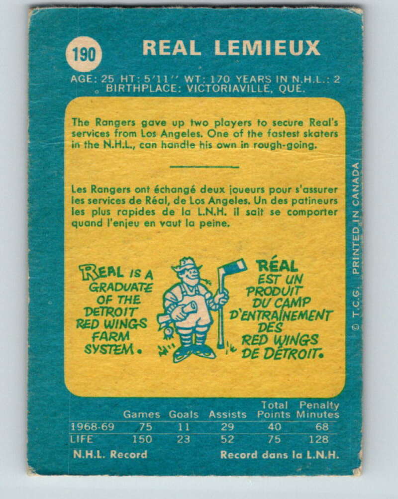 1969-70 O-Pee-Chee #190 Real Lemieux New York Rangers V1826