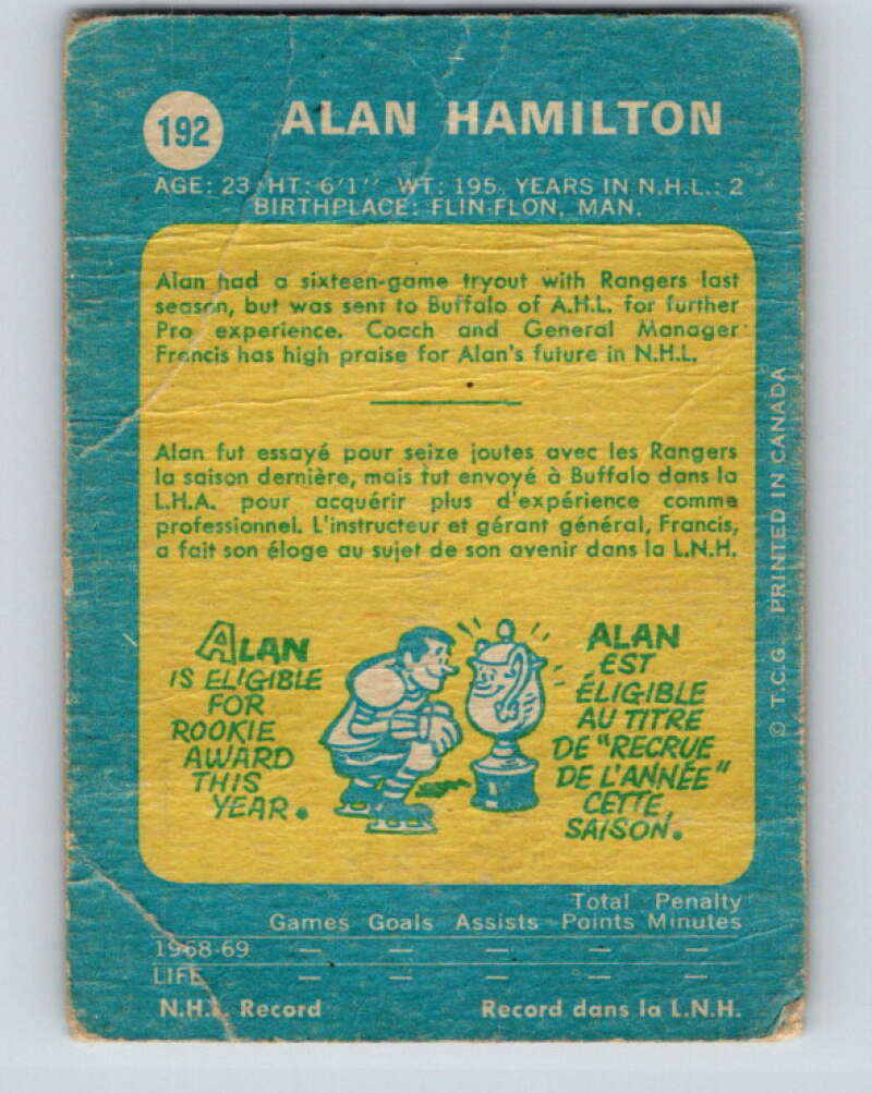 1969-70 O-Pee-Chee #192 Al Hamilton New York Rangers V1835
