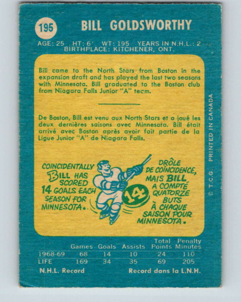 1969-70 O-Pee-Chee #195 Bill Goldsworthy Minnesota North Stars V1846