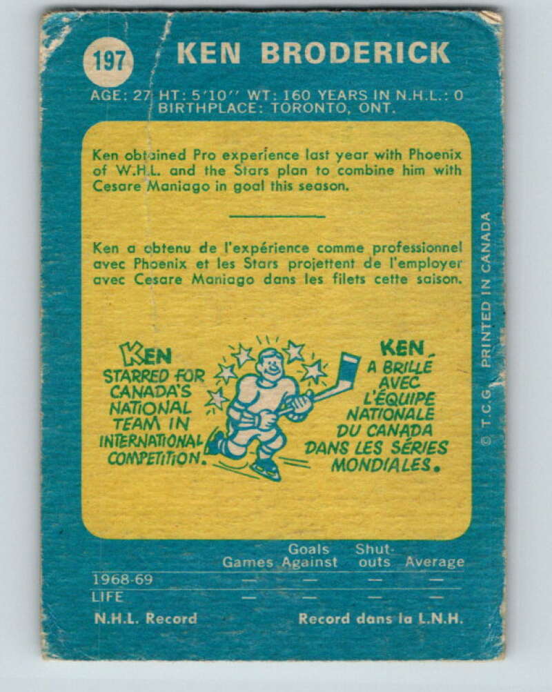 1969-70 O-Pee-Chee #197 Ken Broderick RC Rookie North Stars V1850
