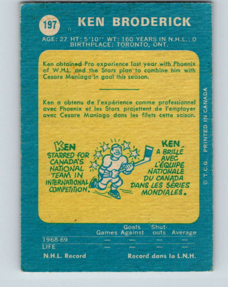 1969-70 O-Pee-Chee #197 Ken Broderick RC Rookie North Stars V1852