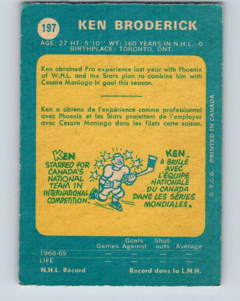 1969-70 O-Pee-Chee #197 Ken Broderick RC Rookie North Stars V1854