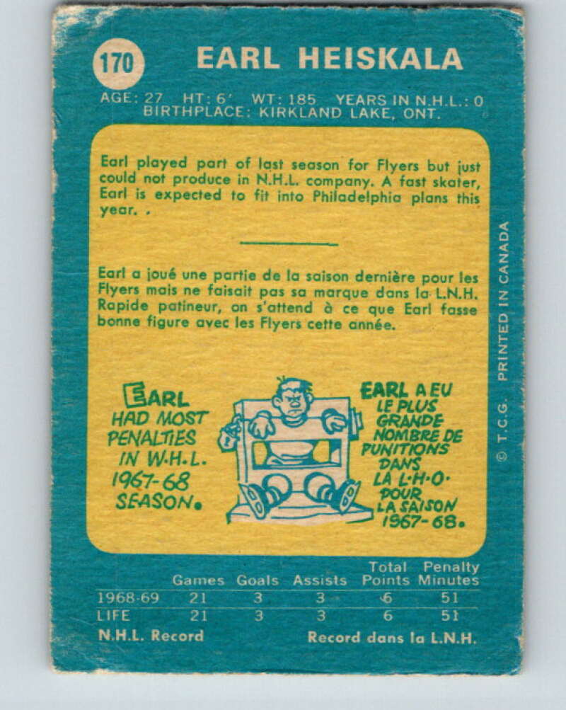 1969-70 O-Pee-Chee #170 Earl Heiskala RC Rookie Philadelphia Flyers V1709