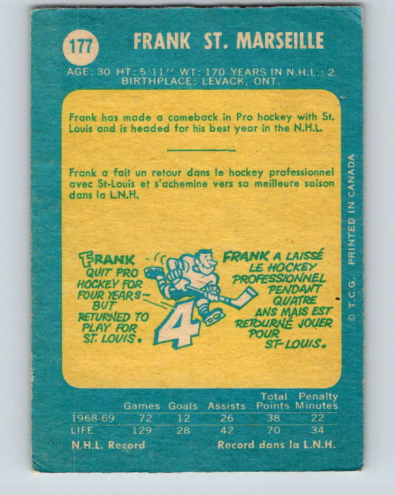 1969-70 O-Pee-Chee #177 Frank St. Marseille RC Rookie St. Louis Blues V1741