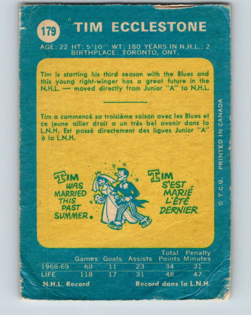 1969-70 O-Pee-Chee #179 Tim Ecclestone St. Louis Blues V1749
