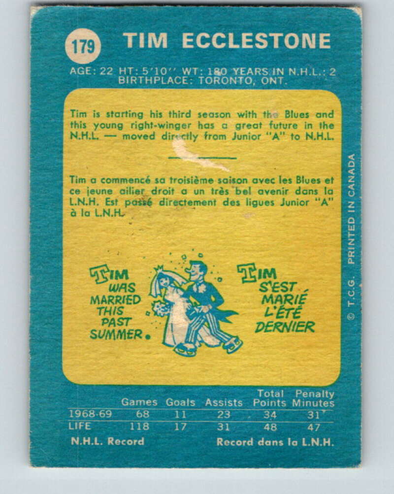 1969-70 O-Pee-Chee #179 Tim Ecclestone St. Louis Blues V1753