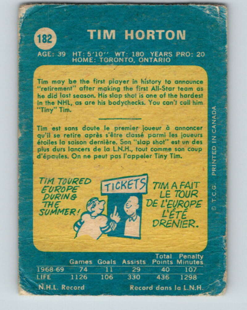 1969-70 O-Pee-Chee #182 Tim Horton Toronto Maple Leafs V1768