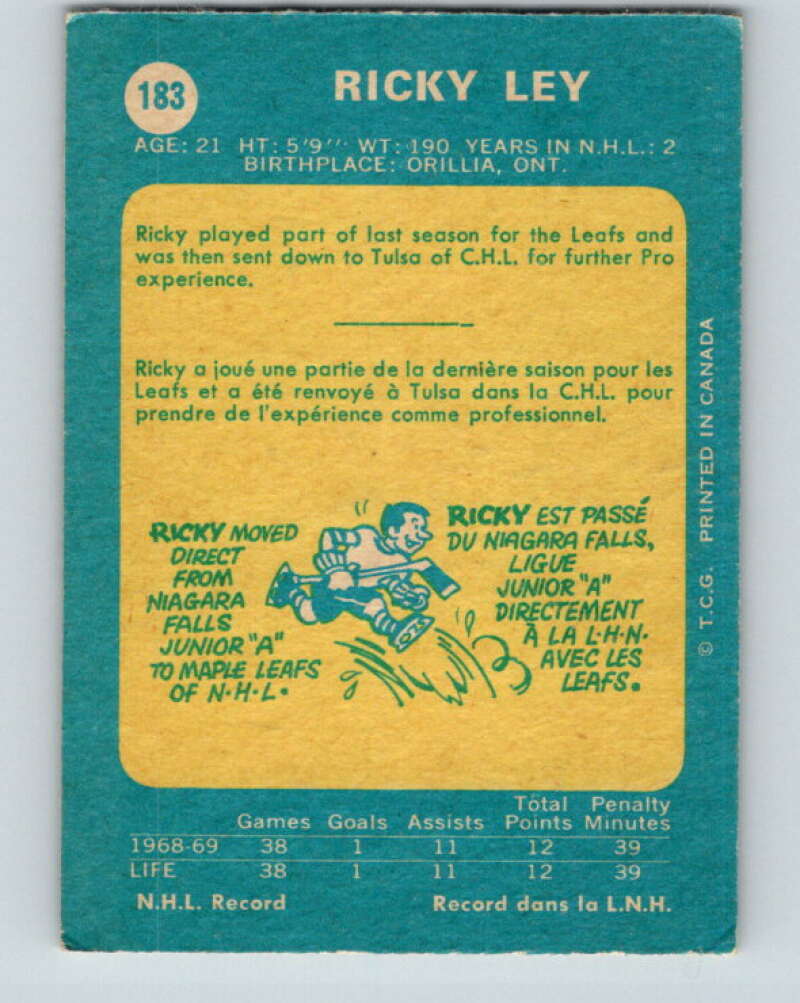 1969-70 O-Pee-Chee #183 Rick Ley RC Rookie Toronto Maple Leafs V1770