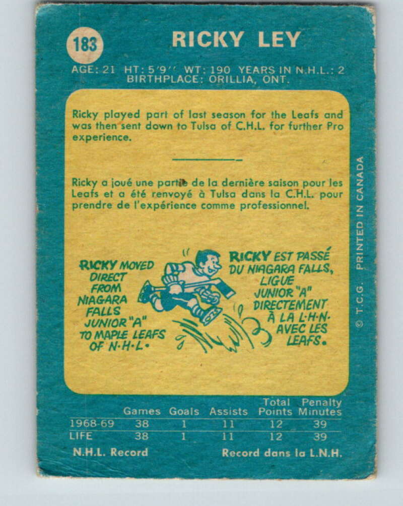 1969-70 O-Pee-Chee #183 Rick Ley RC Rookie Toronto Maple Leafs V1771