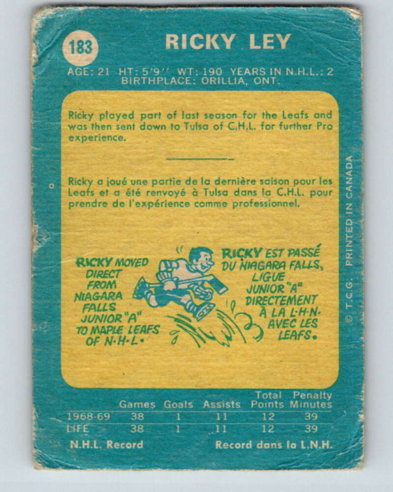 1969-70 O-Pee-Chee #183 Rick Ley RC Rookie Toronto Maple Leafs V1772