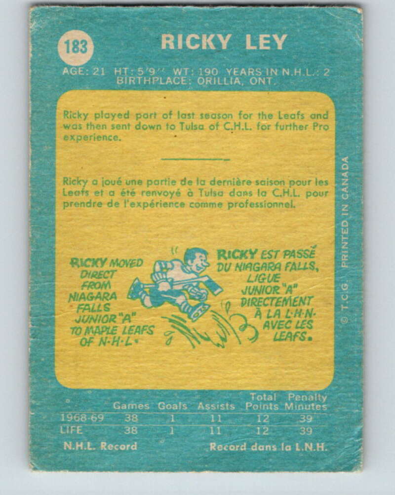 1969-70 O-Pee-Chee #183 Rick Ley RC Rookie Toronto Maple Leafs V1773