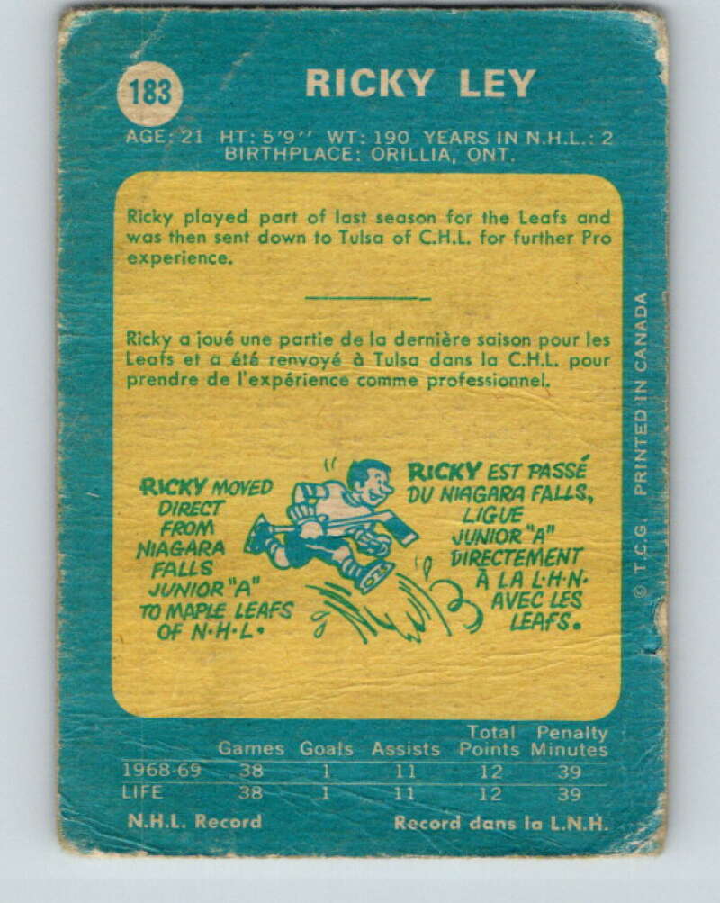 1969-70 O-Pee-Chee #183 Rick Ley RC Rookie Toronto Maple Leafs V1774