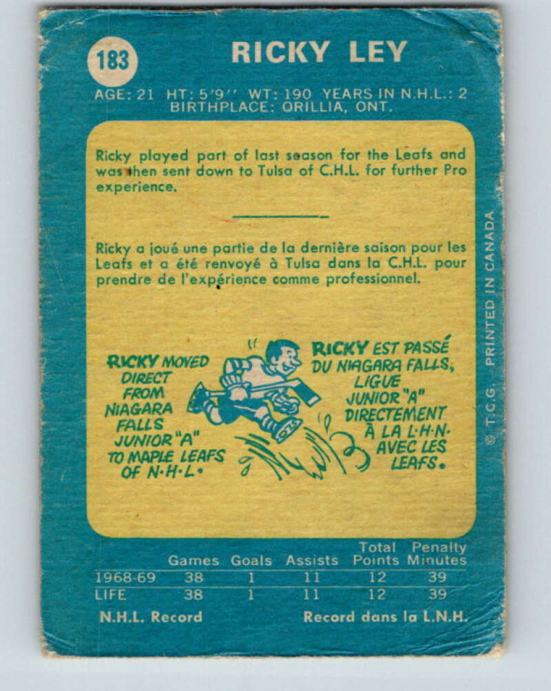 1969-70 O-Pee-Chee #183 Rick Ley RC Rookie Toronto Maple Leafs V1775
